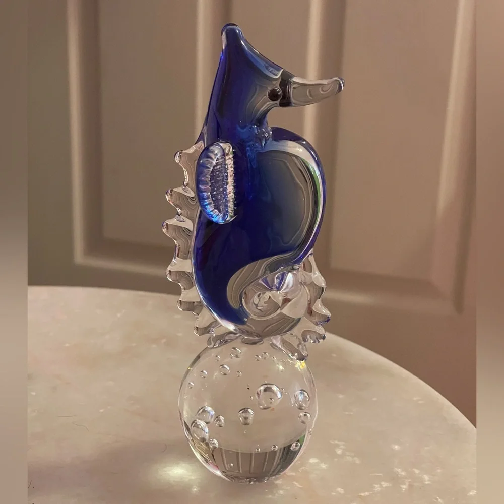 Blue Art Glass Seahorse Figurine or Paperweight Cobalt/Clear Blown Glass